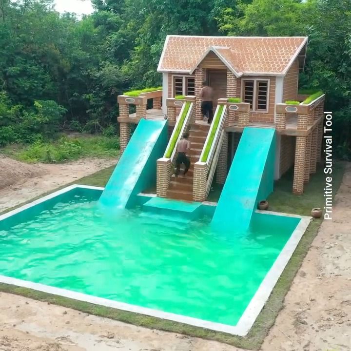Build Waterslide from two-story house to swimming pool 🏠 #house ...