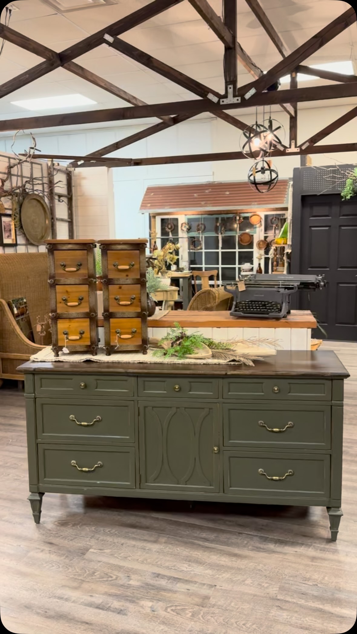 dark sage green dresser Gorgeous with Brass Hardware at American Mercantile Medford beach wedding dress