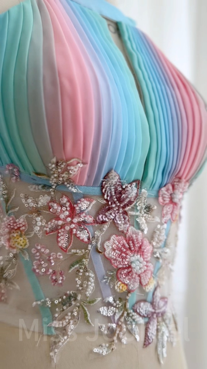 Making a halter corset rainbow chiffon long prom dress. Wedding guest dress., We always accept custom orders., #dress #prom #prom2026 #hautecouture #weddingdress #weddingguestdress #promdress #fashion 