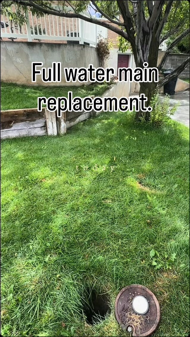 new construction water main bac t A full replacement doesn’t have to leave your yard looking like a zone., Start to finish on this one: about 4 hours., water main installed, shrubs replanted, bark cleaned Copper peptide