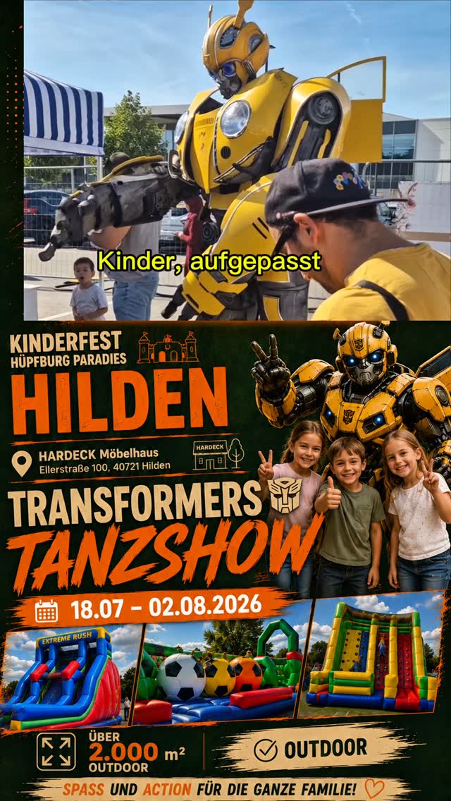 Echte Transformers live in Hilden, Erlebt die spektakuläre Transformers-Tanzshow im Hüpfburg Paradies bei HARDECK Möbelhaus, Ohne Extrakosten, Die Show ist im Eintrittspreis inklusive., 📍 Bei HARDECK