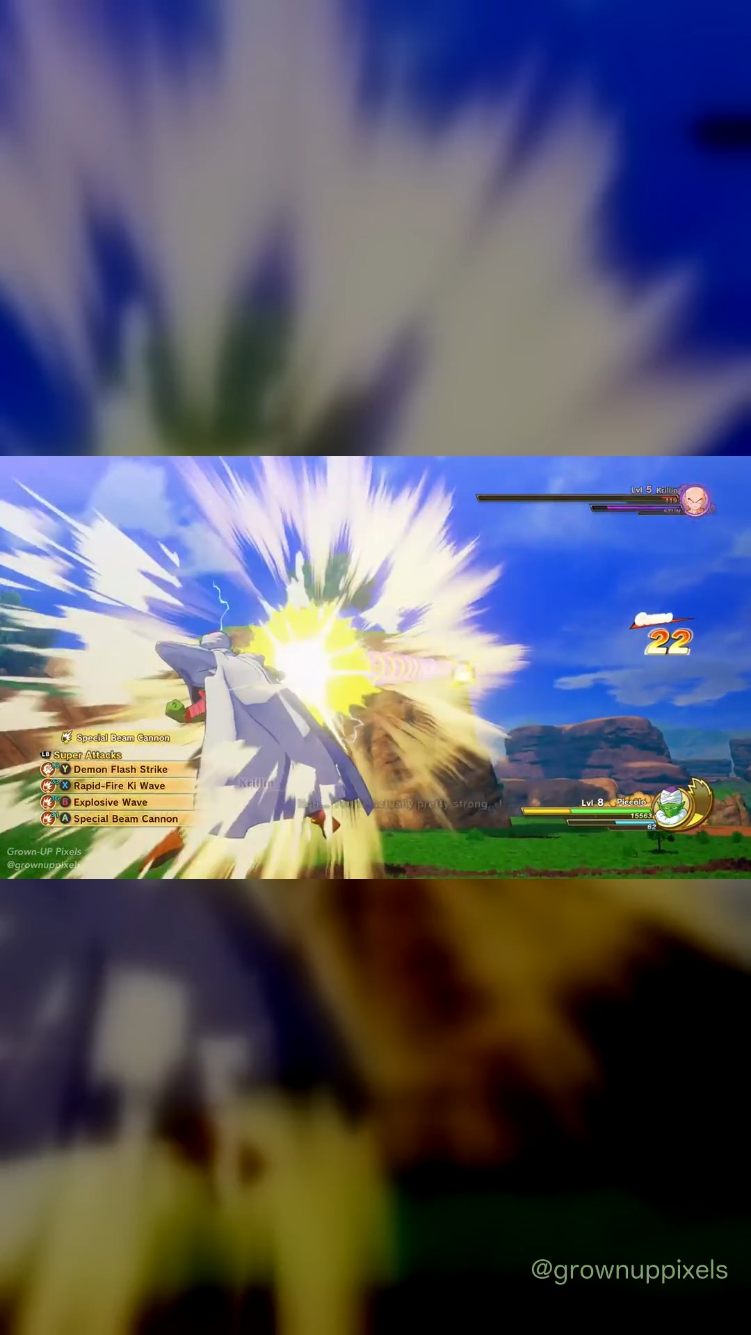 Krillin gets caught in the line of Piccolo's Special Beam Cannon