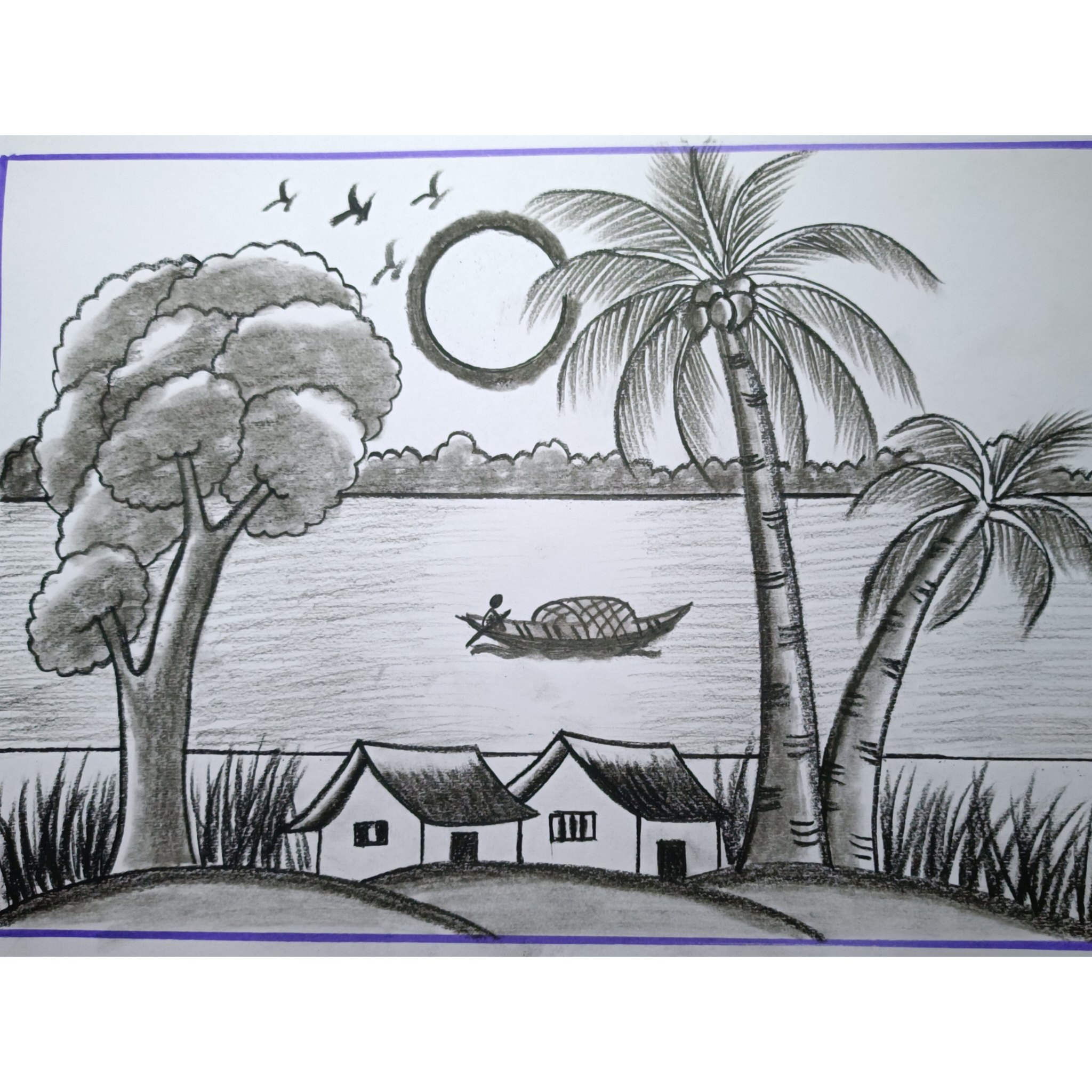 Village scenery drawing easy/Most beautiful scenery drawing/Nature ...