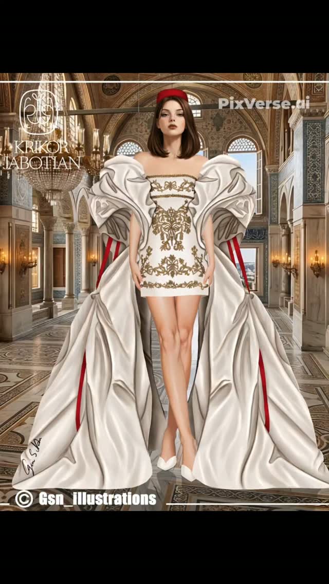 Regal drama redefined. 👑🤍, A digital tribute to the incredible artistry of KRIKOR JABOTIAN . From the rich gold embellishments to the dramatic, flowing cape lined with deep red, every single fold was 
