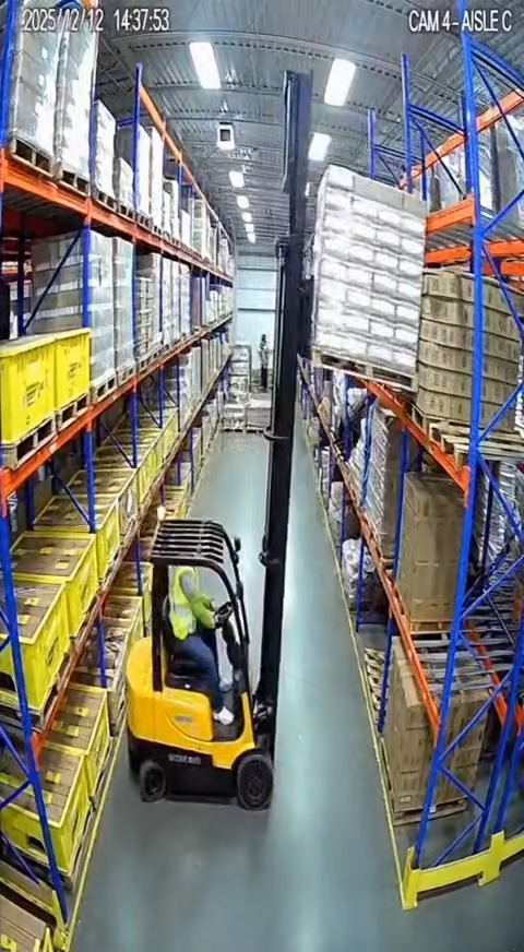 A routine drive down a warehouse aisle ends in total chaos. CCTV shows ...