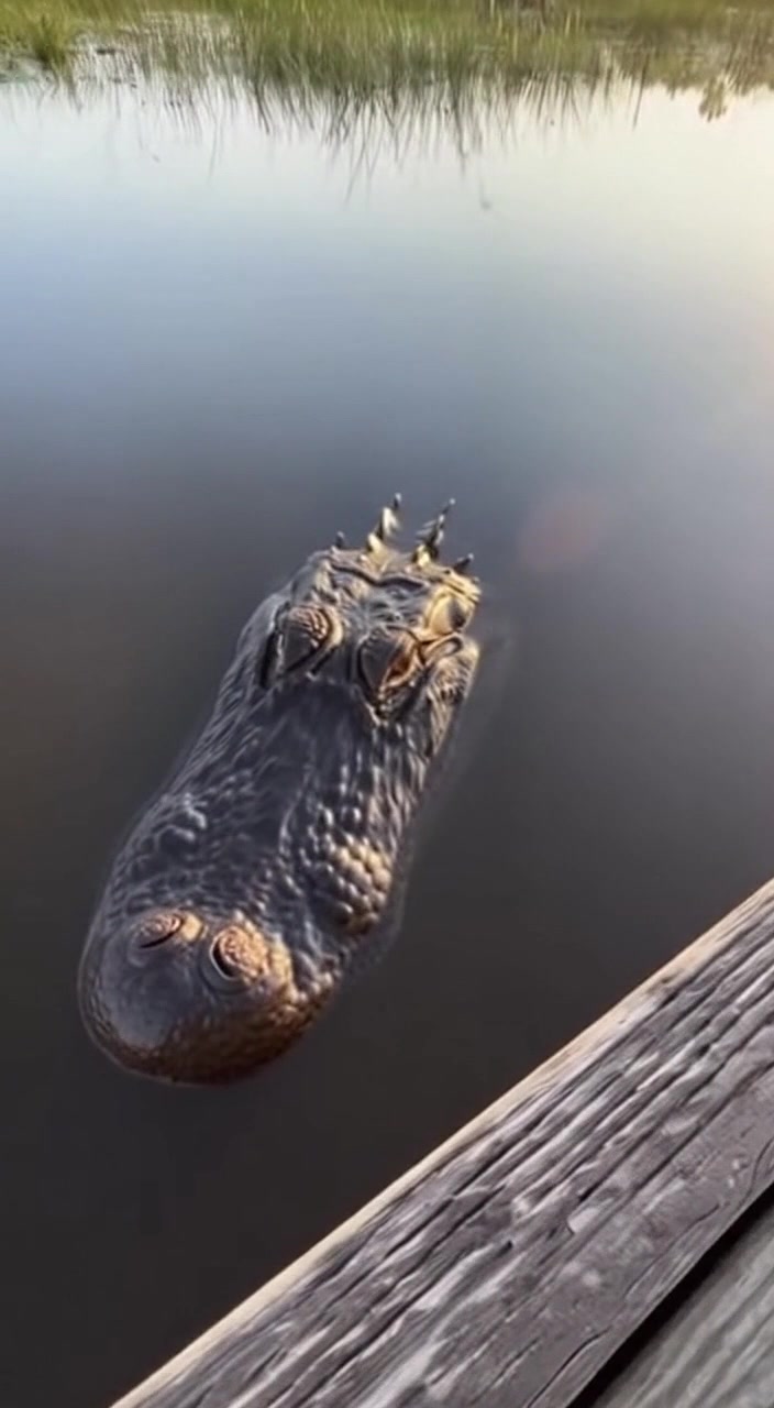 An alligator ghosts in under a boardwalk with only its eyes above the ...