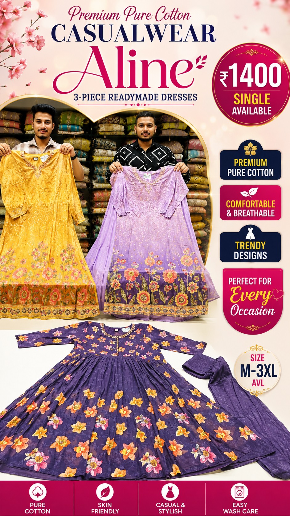 ₹ 1400 Premium Pure Cotton Casualwear Aline 3- piece Readymade Dresses, #deccanfashion #madinatexworld #OnlineShopping #casualweardressesawesomedesigninig , 