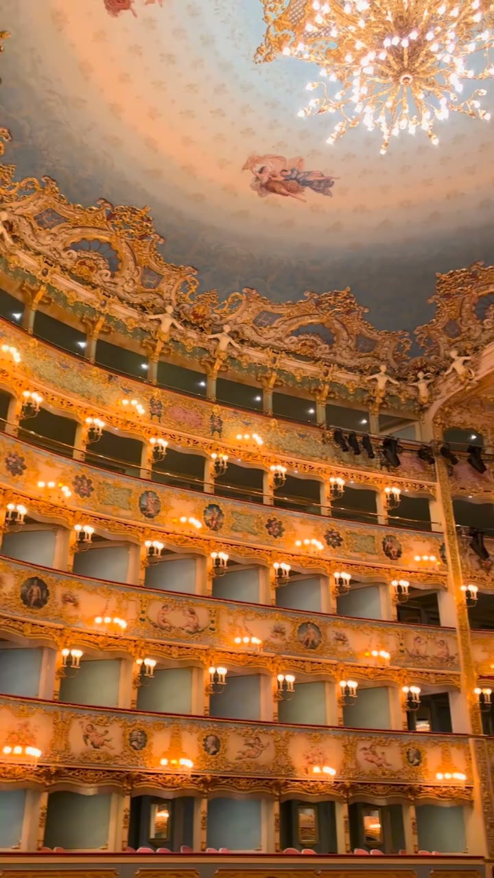 The opulent, gilded interior and tiered balconies of Teatro La