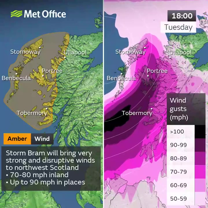 Met Office AMBER warning graphic and peak wind gust animation. Full ...