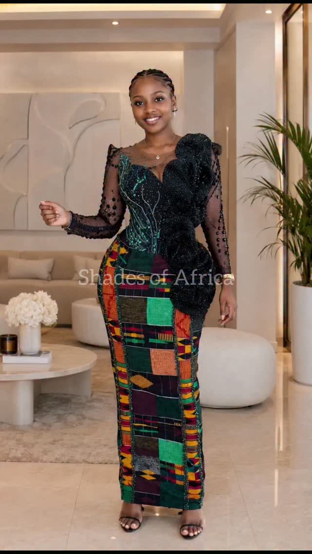 Stunning Kente Patchwork Gown with Beaded Sheer Sleeves | African Print Evening Dress Style Inspiration | Shades of Africa