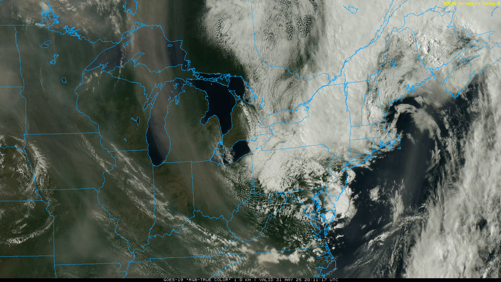 Check out the plumes of Canadian Wildfire smoke (brown moving haze ...
