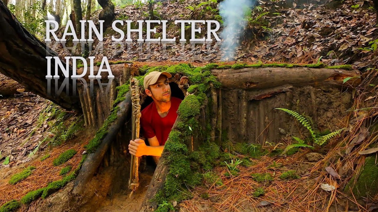 Building a Secret Dugout Rain Shelter 🌧️🌿-Bushcraft, Survival # ...