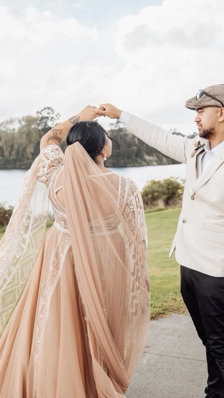 Te Ao Maori Bridal Gown with Tukutuku Embroidery in Hawke's Bay