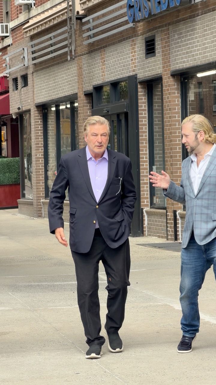 alec baldwin dress grey spotted walking through New York City this morning with a film crew looking calm, relaxed, and in great spirits. (🎥) Elder Ordonez, #reelsfacebook #facebookviral #fashion #newyork detachable cape