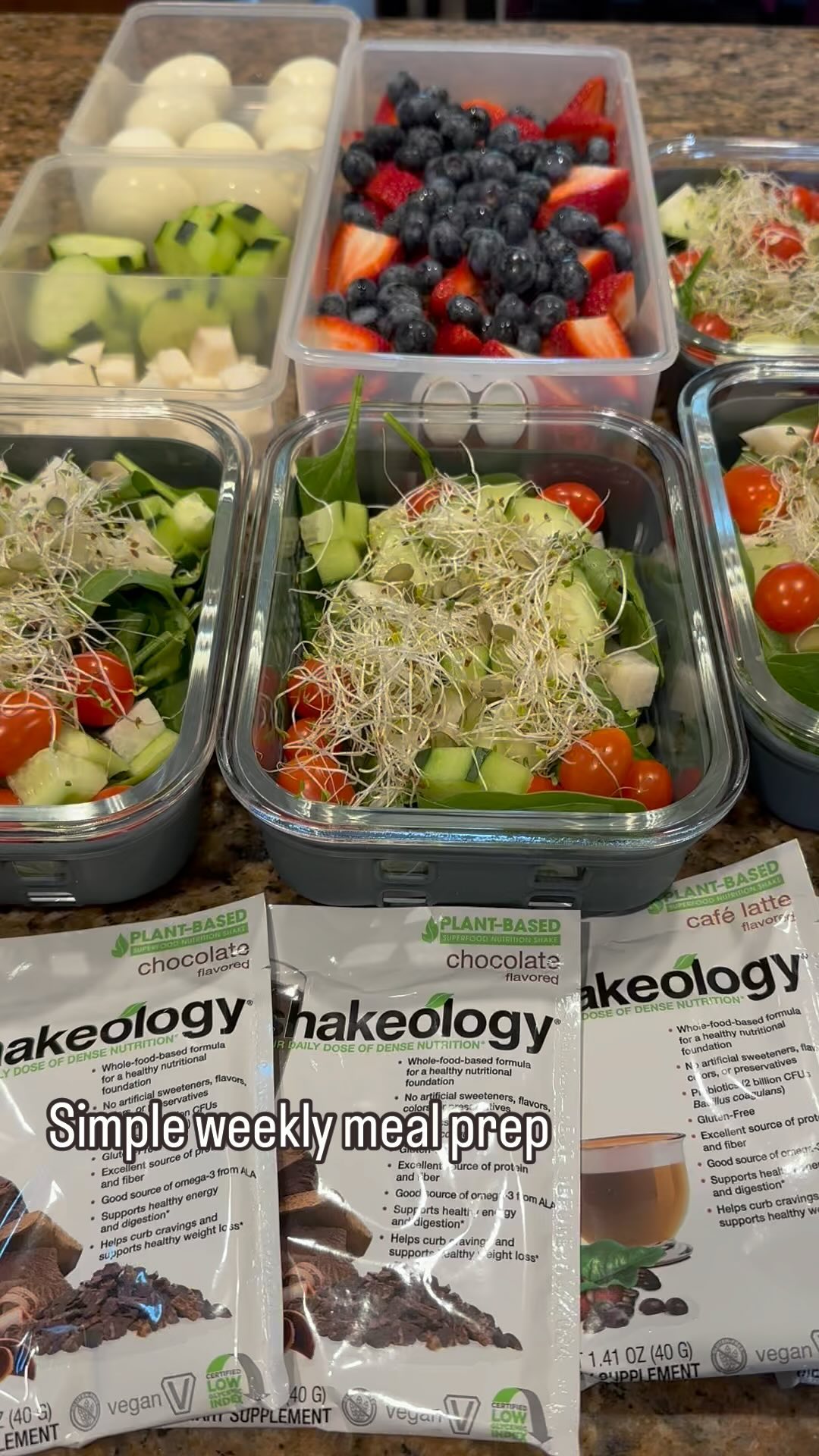 Weekly meal prep…, Keeping it simple this week. , Hard boiled eggs and fresh fruit for breakfast , Simple salad for lunch , And my superfood shake as my go-to snack , (Ask me how to get this for free