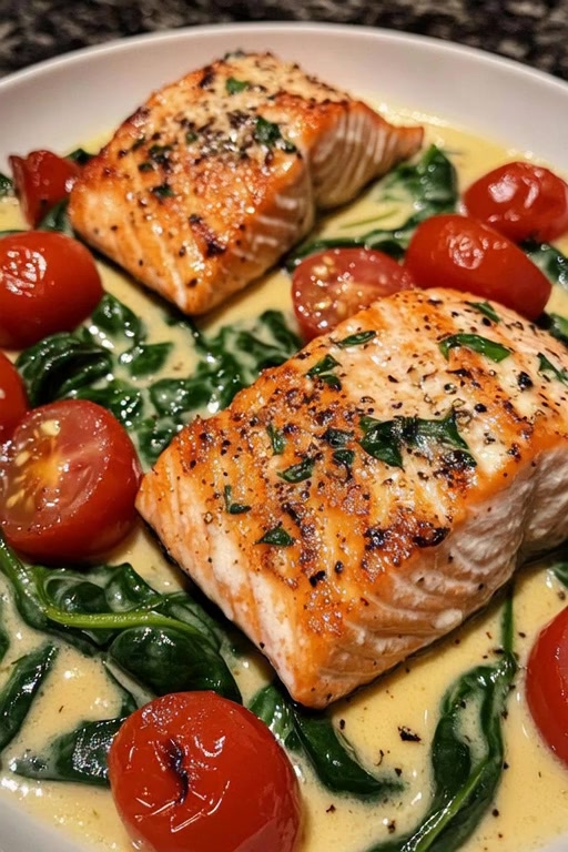 Creamy Tuscan Salmon with Spinach & Cherry Tomatoes 🍅🥬 A luxurious ...