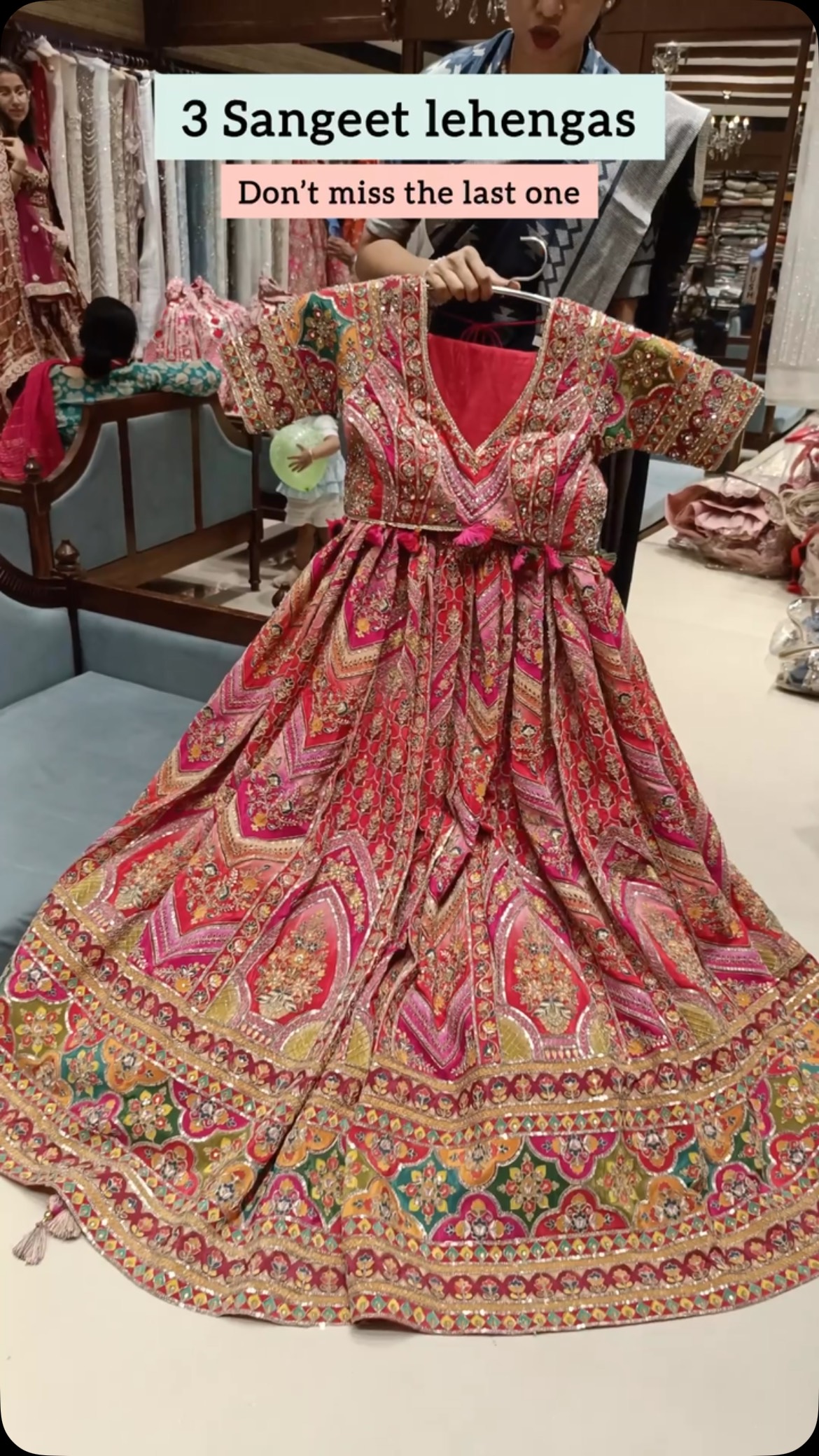 designer dresses for sangeet 3 lehengas you NEED to see! ✨💃, From vibrant colours to statement-worthy detailing, these are made to make every Sangeet night unforgettable. ❤️, And trust us… don’t miss the last one! 👀✨, ✨ BABARONI Coral Chiffon Bridesmaid professional clothes For groom Bottom Size:34x32