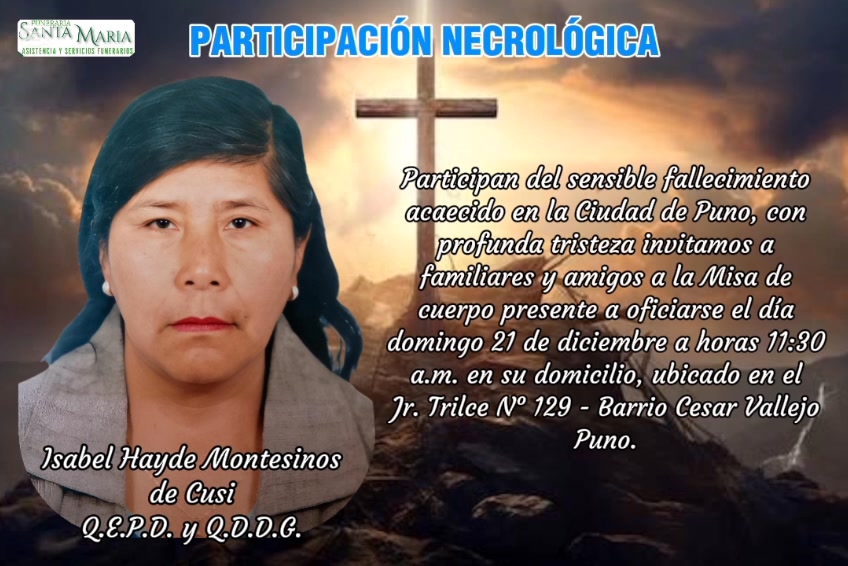 PARTICIPACIÓN NECROLÓGICA SRA. ISABEL HAYDE MONTESINOS DE CUSI (QEPD ...