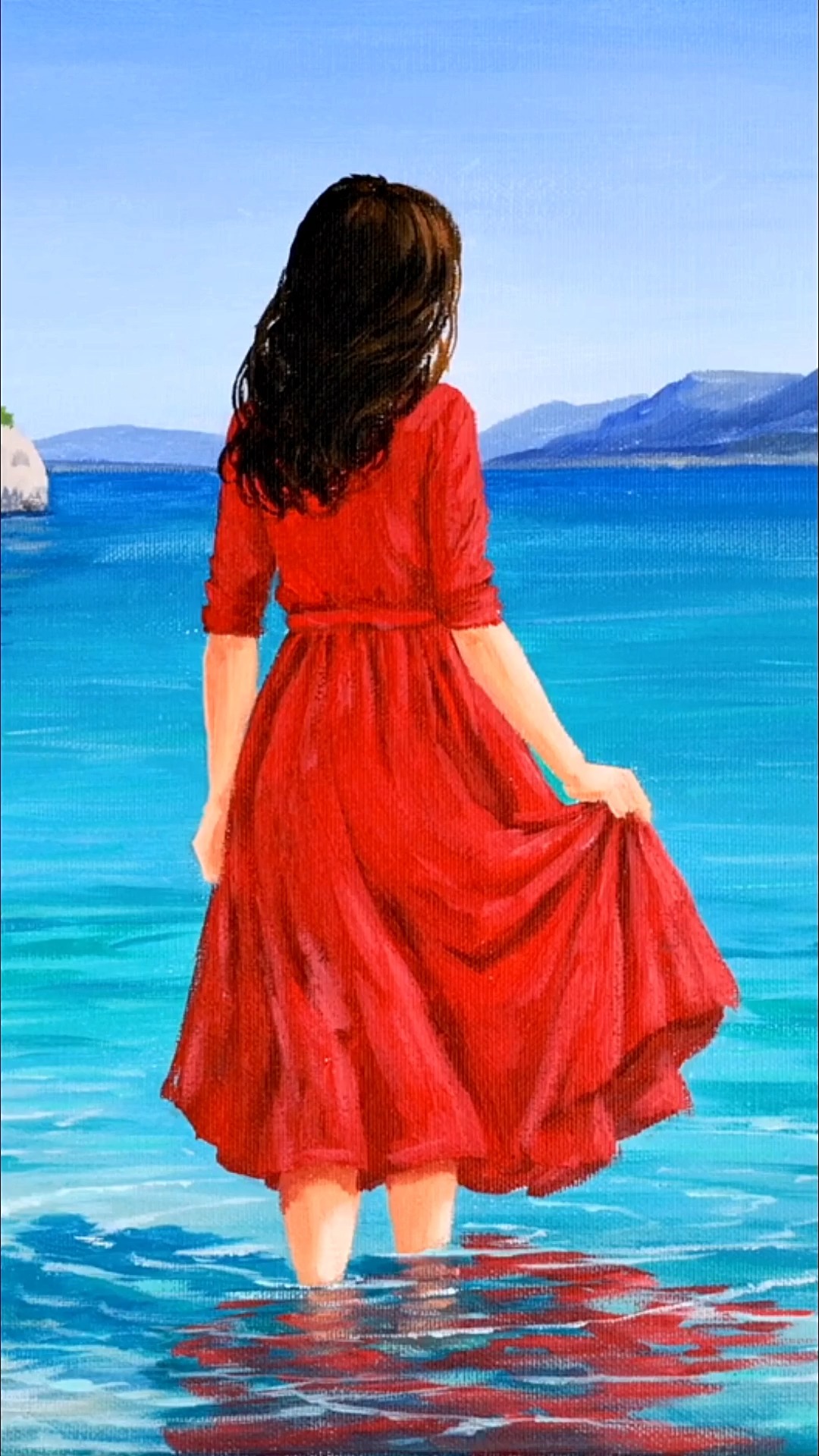 red dress lady beach painting woman in a by the sea | El Drawing Arts MerchFabric:SEQUIN KNIT