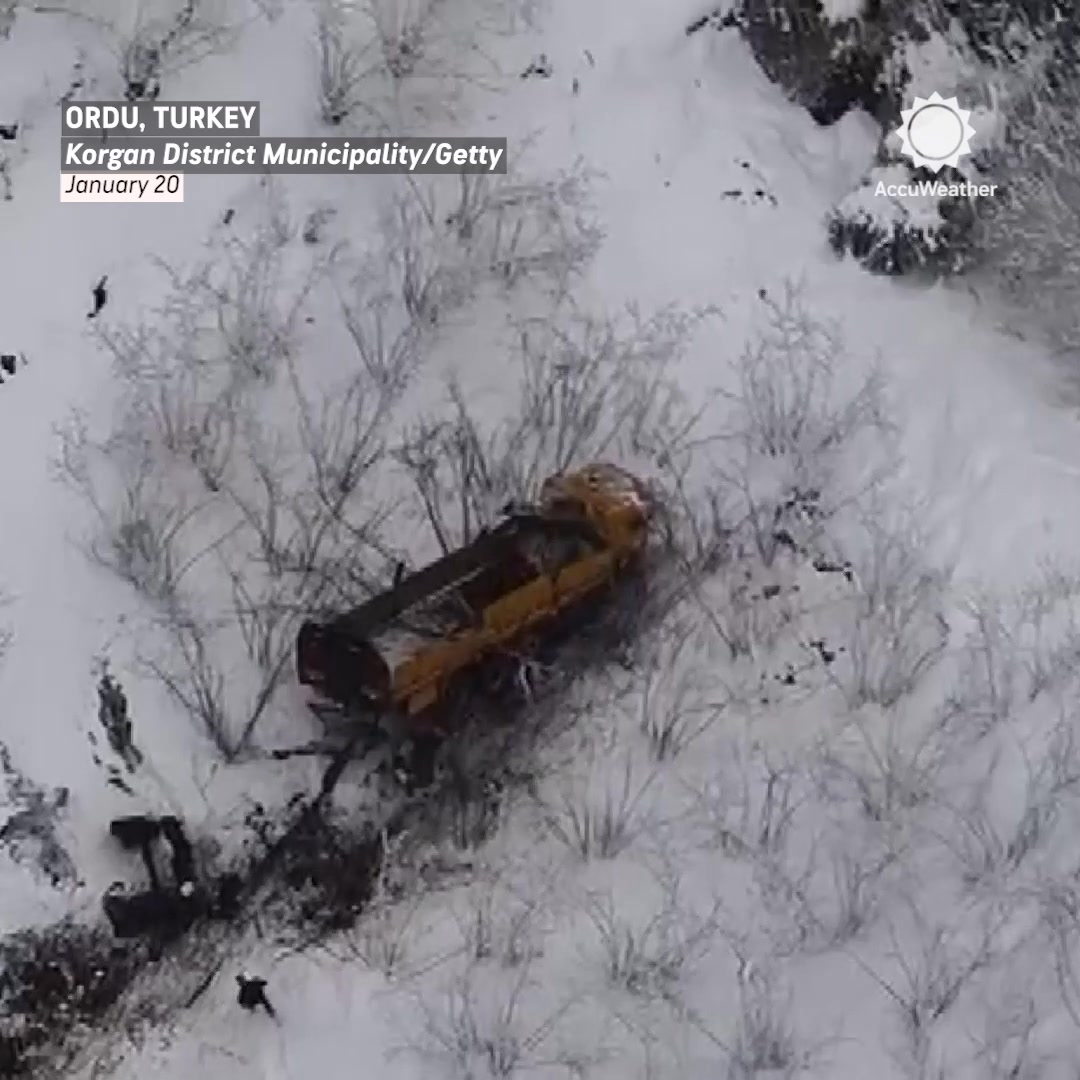 A truck overturned into a ditch on a snowy road in northern Turkey ...