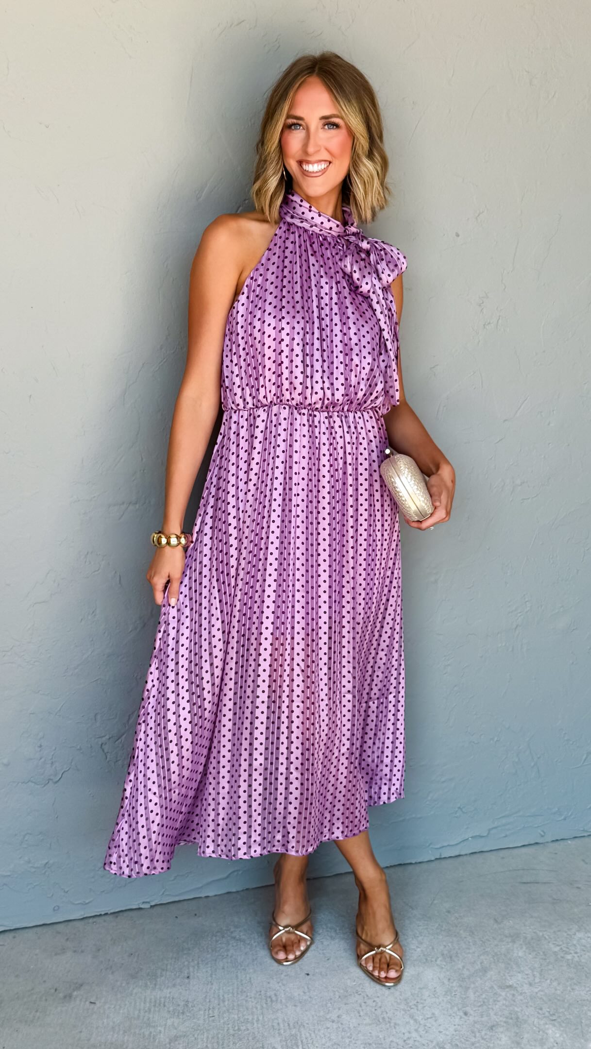 sarah gordon tiered halter midi dress Pretty in polka dots. 🤎💜, This sweet brings together lavender and brown in the prettiest print, finished with a tie neckline and easy elastic waist for a flattering, comfortable week32027