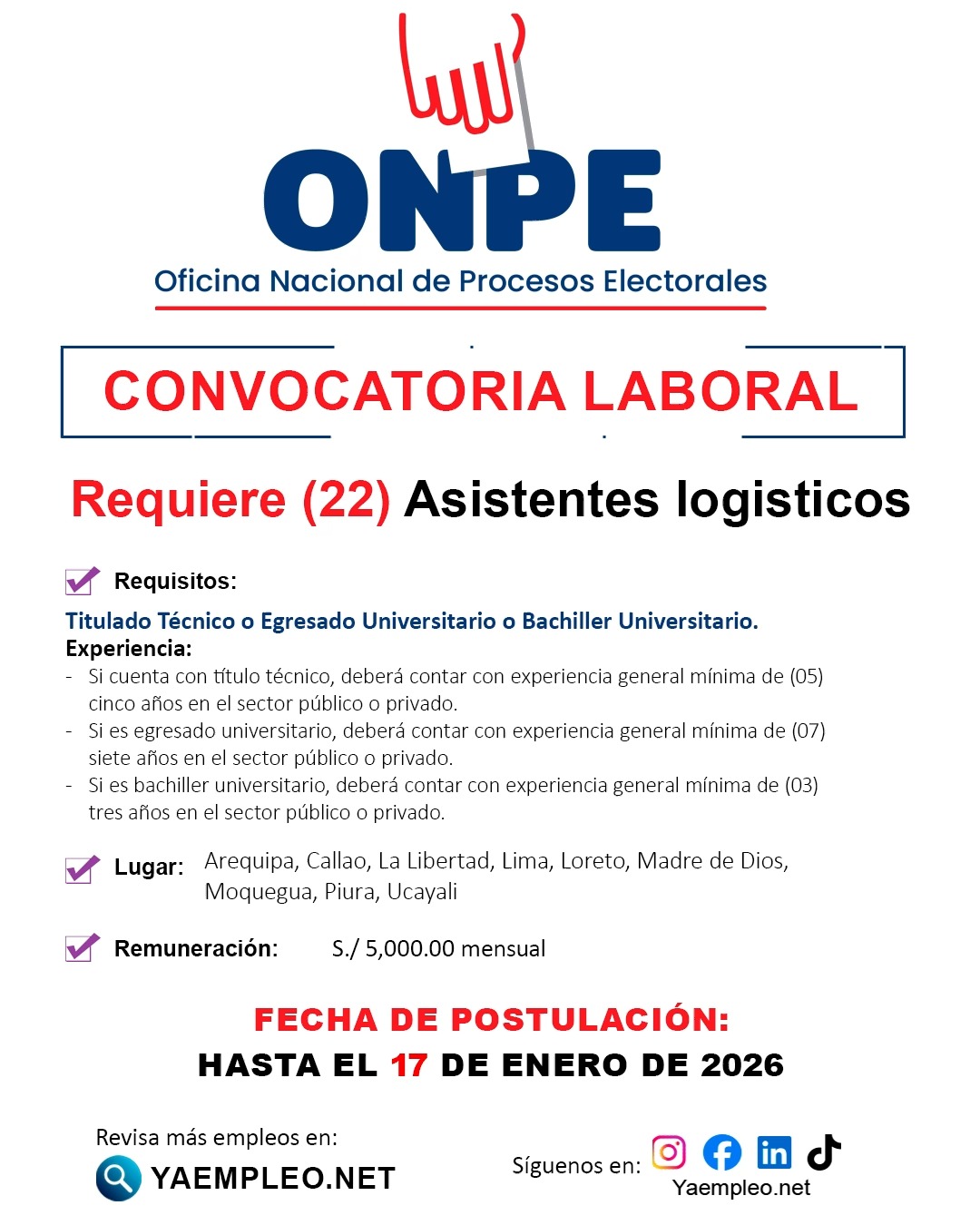 💼 La Oficina Nacional de Procesos Electorales (ONPE) abre convocatoria ...
