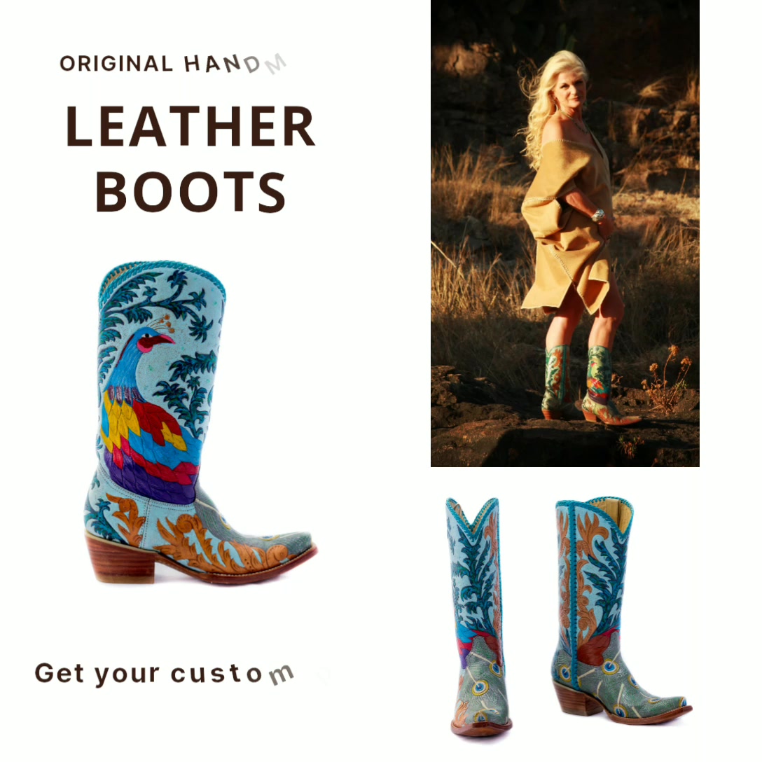 Bottes De Cowboy Cock Of The Walk - Taille US 12.5, Largeur D, Cuir Brun, Motifs Carrie Cameron - Occasion Parfait état