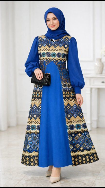 A dress combining batik and solid-colored fabric, featuring a simple yet elegant sleeveless design suitable for both formal and informal occasions. Clothing design inspiration. #design #dress #sewing #fashion #EasyCutting #tips # ideas #sewingtutorial #