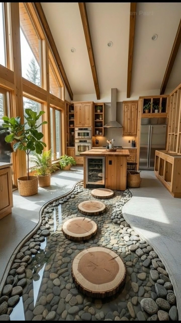 This floor blends natural wood with a custom river-style design ...