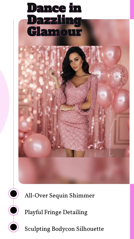 ✨ Dance through the night in style! ✨, Our Sequin Fringe Long-Sleeve Bodycon Dress combines glam and comfort, perfect for making a statement at any event. With its sparkling sequins and playful 