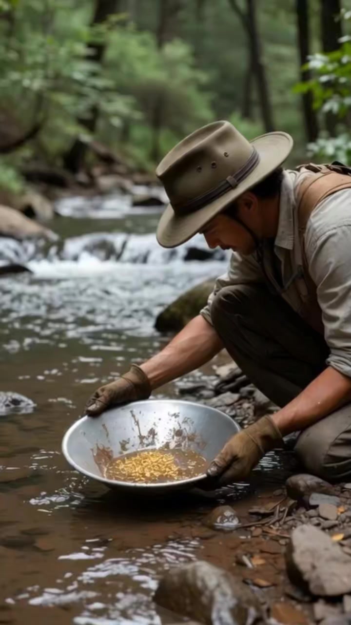 “In this video, a man is carefully extracting gold from the river using ...