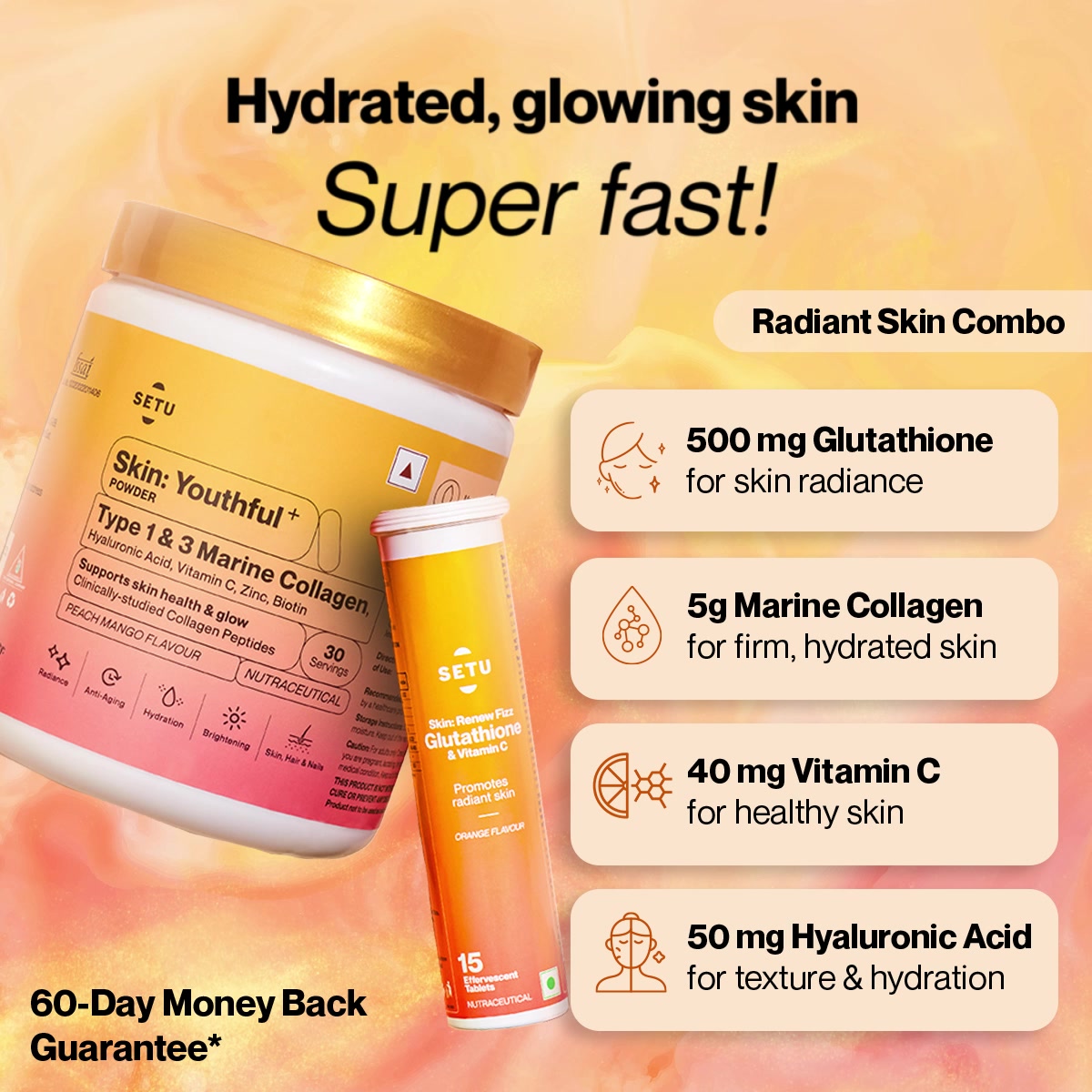 Glowing skin isn't an unachievable dream anymore. 🤩, Glutathione and Marine Collagen target the root cause of your skin problems! They are proven to:, ✨ Reduce wrinkles, ✨ Improve skin texture, ✨ 