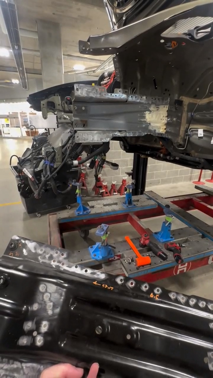 A replacement frame rail section has been installed on this Model 3 ...