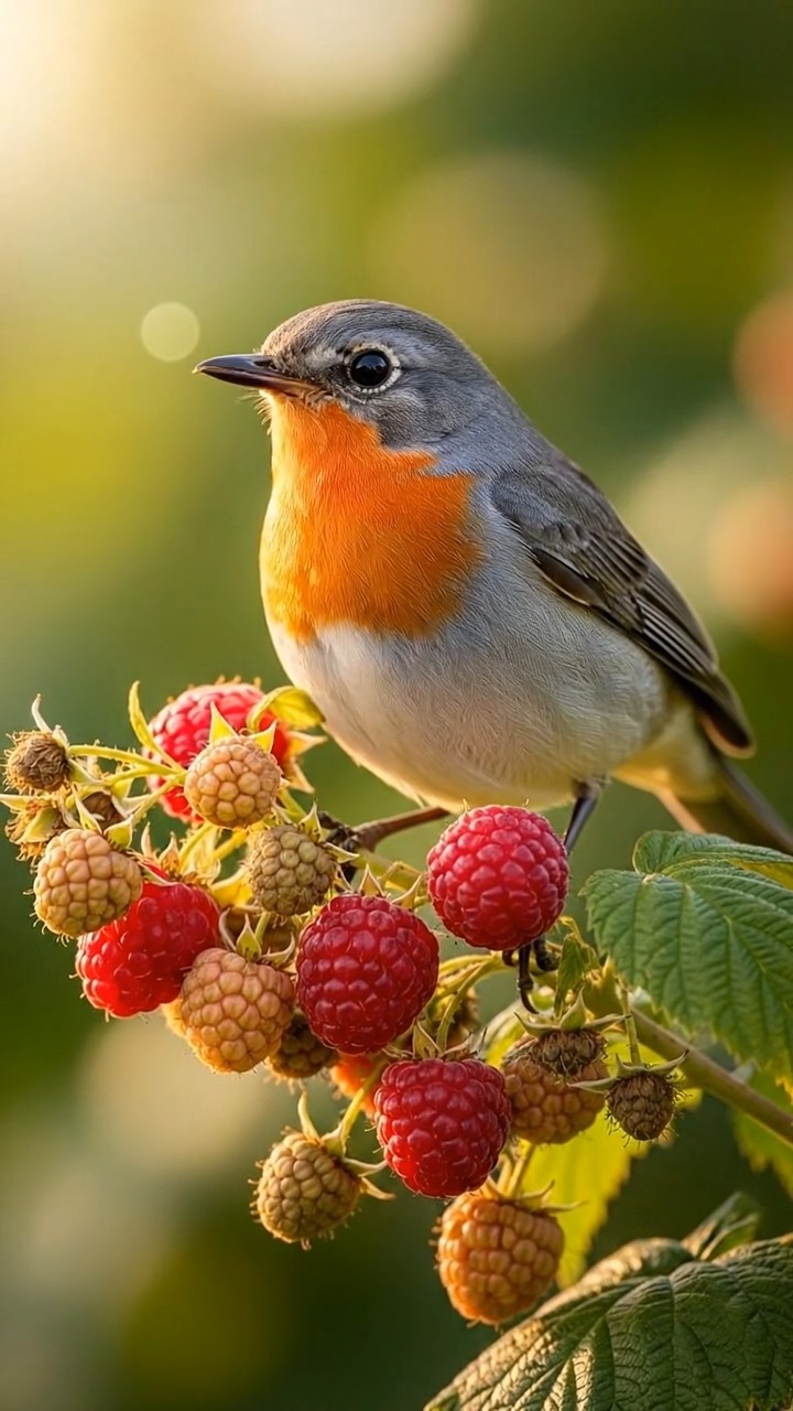 A tiny European robin with its signature bright orange breast perches ...