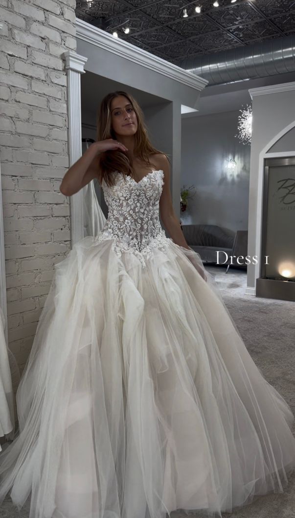 Comment below which dress she should pick. , Book your appointment today to try these on., 💻beckersbridal.com, 📲989-593-2595 | Becker's Bridal