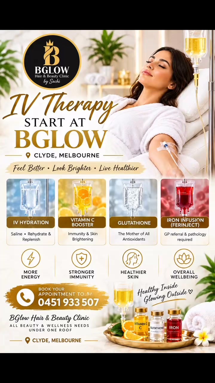 glutathione melbourne IV THERAPY IS NOW AVAILABLE AT BGLOW! ✨, Feel better. Look brighter. Support your wellbeing from the inside out. 💧✨, At BGlow Hair & Beauty Clinic, we’re excited to introduce IV therapy options speciality