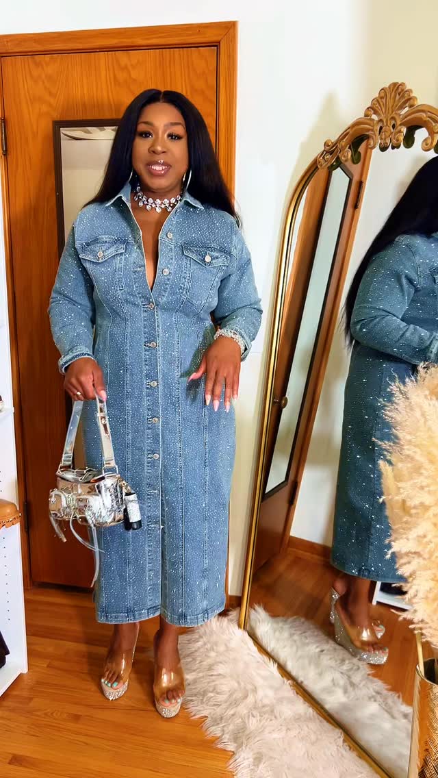 embellished denim dress Pearl  Elegant & Chic Denim / L Front breast pockets five pocket styling Bright Nights Embellished Denim Mini