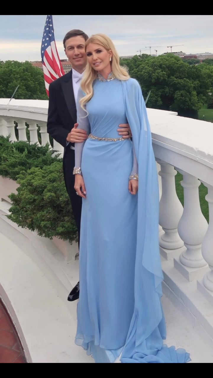 A classic power couple moment 🇺🇸✨, Ivanka Trump glowing in blue, standing beside Jared Kushner at an elegant formal dinner 🤍, #PowerCouple #IvankaTrump #JaredKushner #ElegantNight #WashingtonStyle
