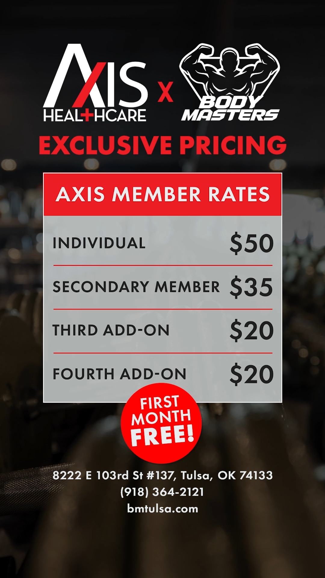 🏋️ Exclusive Gym Membership Pricing for Axis Healthcare Patients! , We're excited to announce a new partnership between Axis Healthcare and BODYMASTERS fitness & training to help you take the next 