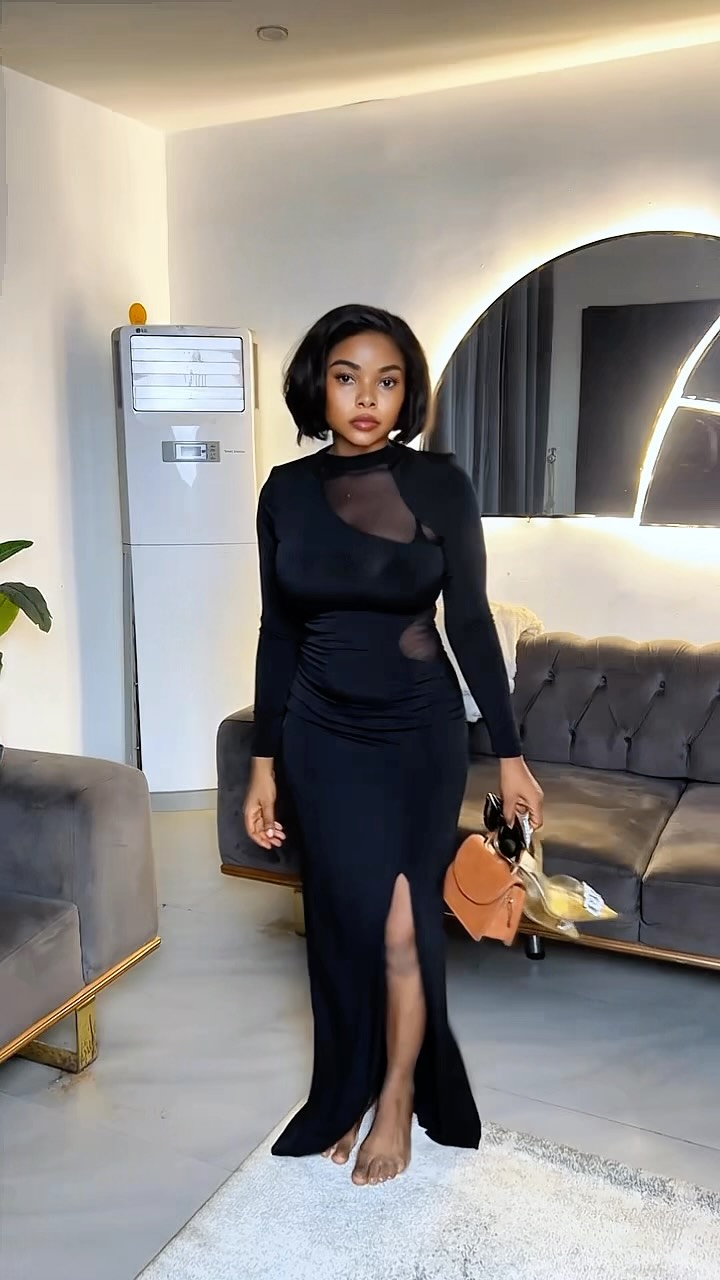 black dress pick up tomorrow POV: The that makes everybody stare 😍, mesh gown - Rich aunty vibes ✨, Snatches waist, slit is just perfect, S and L Left - N____ Color:BLACK TEXTURED GINGHAM Part of The Foundation— victoriano Modern Citizen Women's Amelia