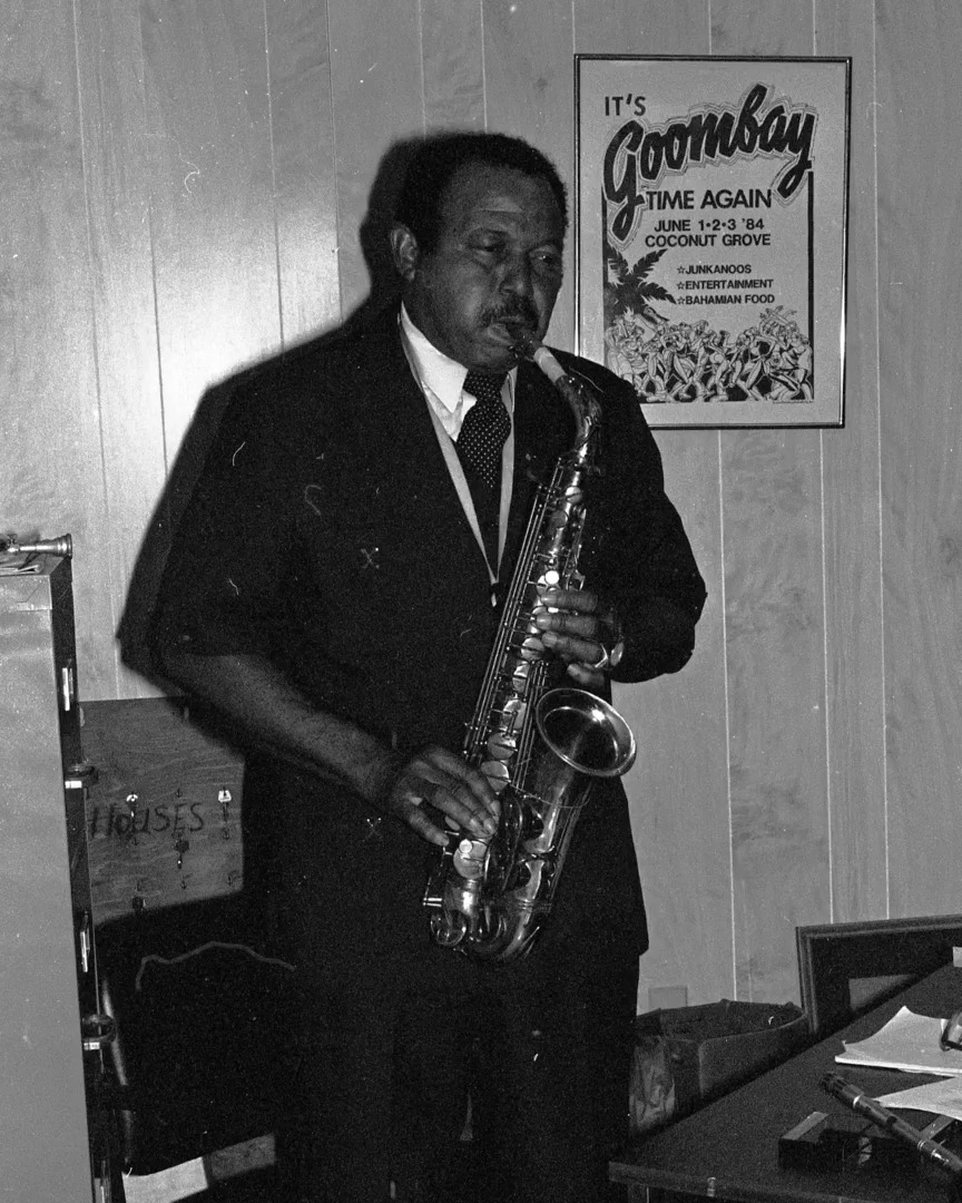 Coconut Grove jazz musician Billy Rolle playing the saxophone, 1985 ...