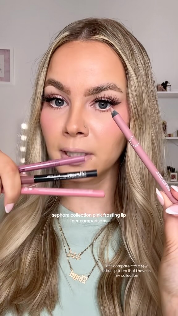 sephora lip liner dressed to the 90s dupe Comparing pink frosting from @sephoracollection other lip liners in my collection!🤍 @nyxcosmetics fierce flirt @morphebrushes bubble bath @maybelline gone greige #pinkfrostinglipliner #sephoracollection #lipliners #cooltonedmakeup bridal dress SweatyRocks Women's Sexy Lace Size:20