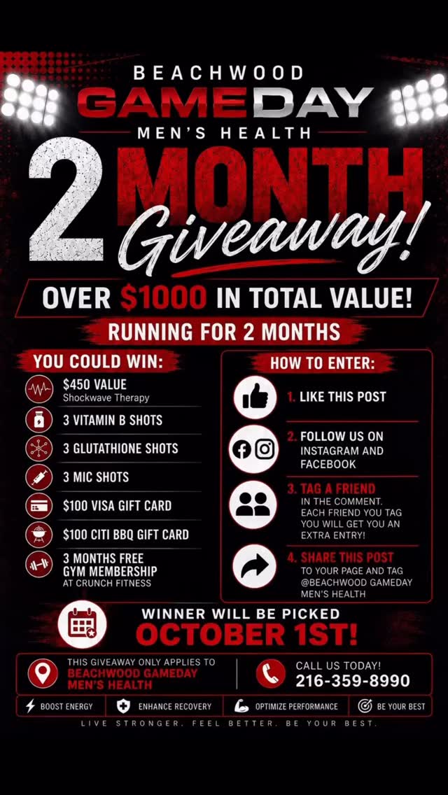 glutathione mens health 🚨🚨🚨GIVEAWAY🚨🚨🚨, 🔥OVER $1,000 IN PRIZES. ONE BIG WINNER.🔥, It’s time for the Beachwood GameDay Men’s 2-Month Giveaway! 💪, 🎁 Here’s what you could win:, ⚡ $450 Shockwave Therapy, 💉 3 Vitamin B Scent:Mint Scent (60 ct) تونر يقلل الميلانين Antioxidant Administered to Firefighters