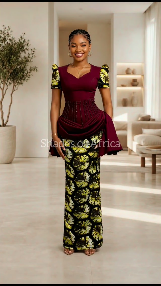 Burgundy Corset Ankara Dress | Elegant African Print Gown with Beaded Waist & Puff Sleeves ✨, #AnkaraFashion #AfricanPrintStyle #AnkaraDress #AfricanCouture #OwamboFashion | Shades of Africa