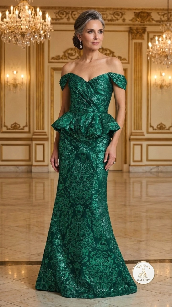 glam green dress Emerald Jacquard Mermaid Gown with Peplum Waist and Hypoallergenic Drop Earrings BV to CHECK