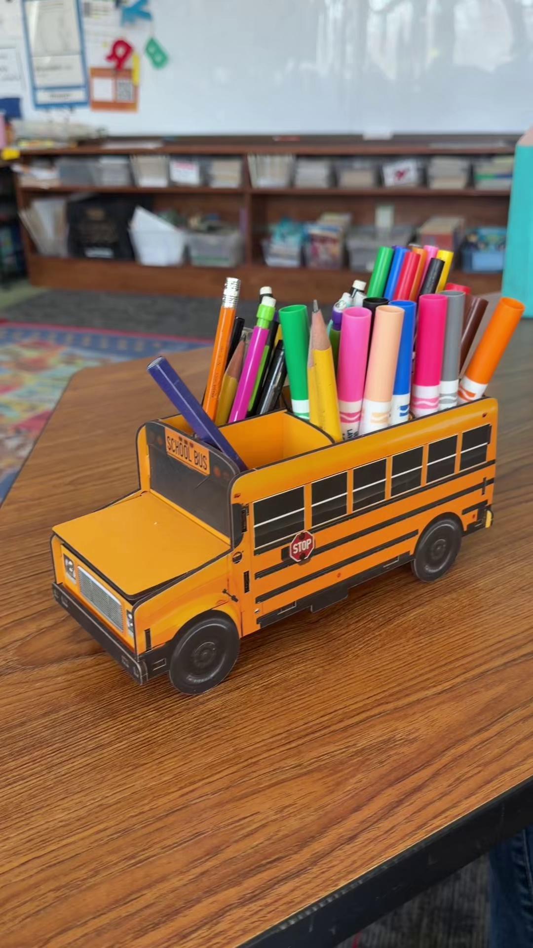 The cutest teacher desk upgrade. A tiny school bus pencil holder that ...