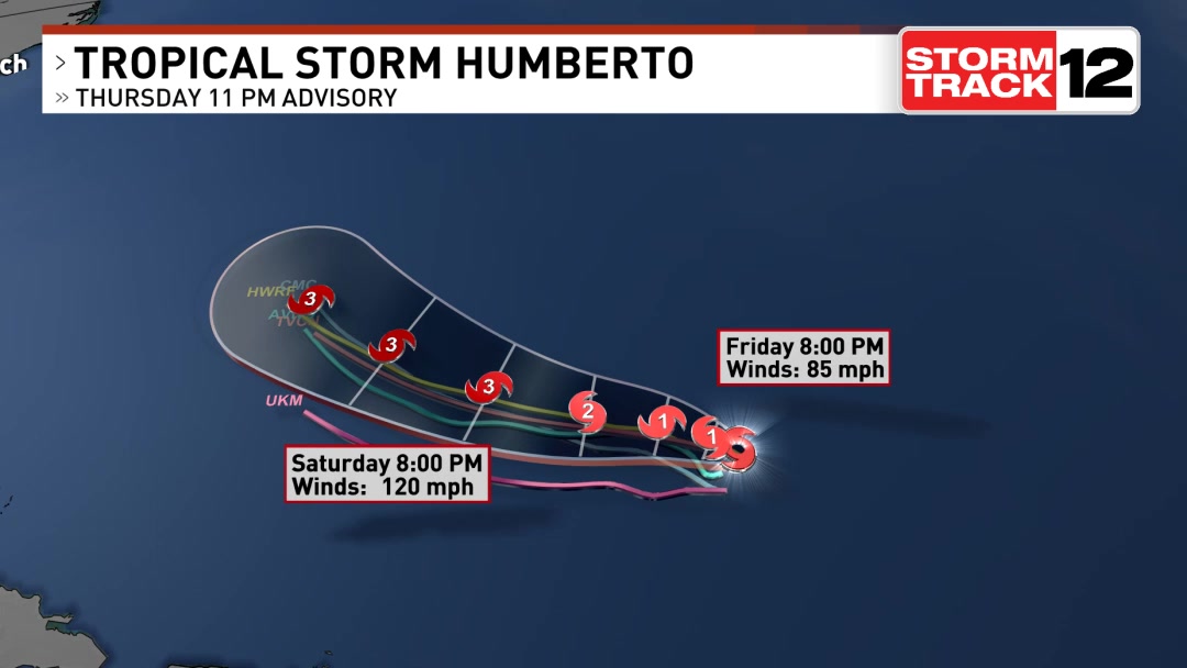Here's the latest forecasted track of Humberto that we are tracking ...
