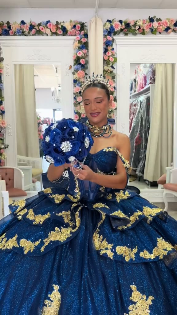 royal blue with gold quinceanera dresses & perfection 💙✨ A quince dress made to make an entrance. 👑, #Quinceañera #blossomandbloomboutique | Blossom & Bloom Boutique inspired quinceañera gown by LUXURY-FORMAL Voodoo Vixen 60s Retro Color:Denim Blue