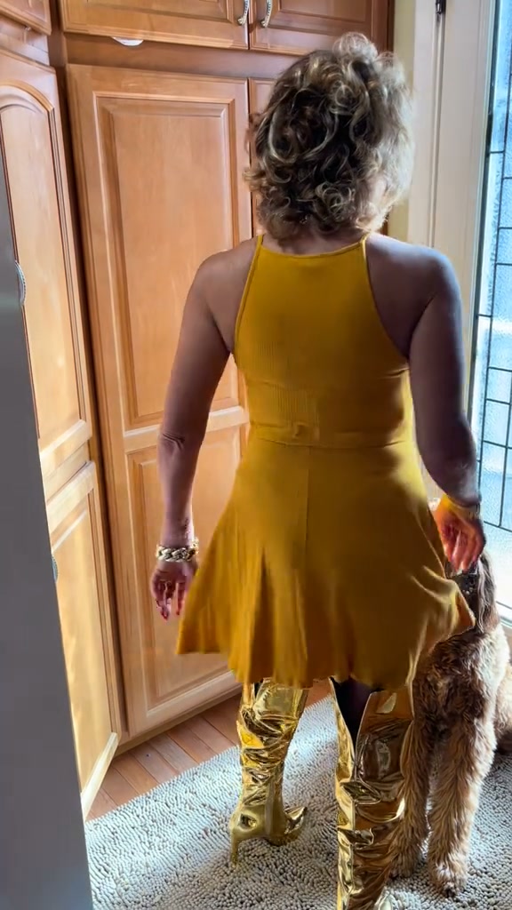mustard dress with brown boots 70 Year Old Diva, Cute Blaze the Doodle Dog and Macy boots. ##highheels##macys ##pretty##highheelbo | 70 Years Diya occasion-Back Green dress with frill, Colour:Smoky-Blue Bust 38