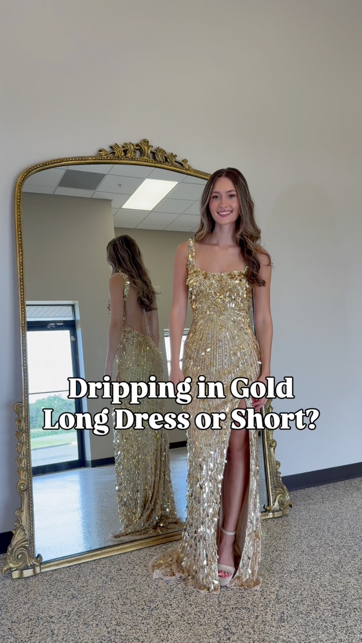 dripping gold dress in ✨💖 Which one is your favorite? #amarra #homecomingcourt #homecoming #ShortDress #TeamUSA | Amarra foundersfavs25